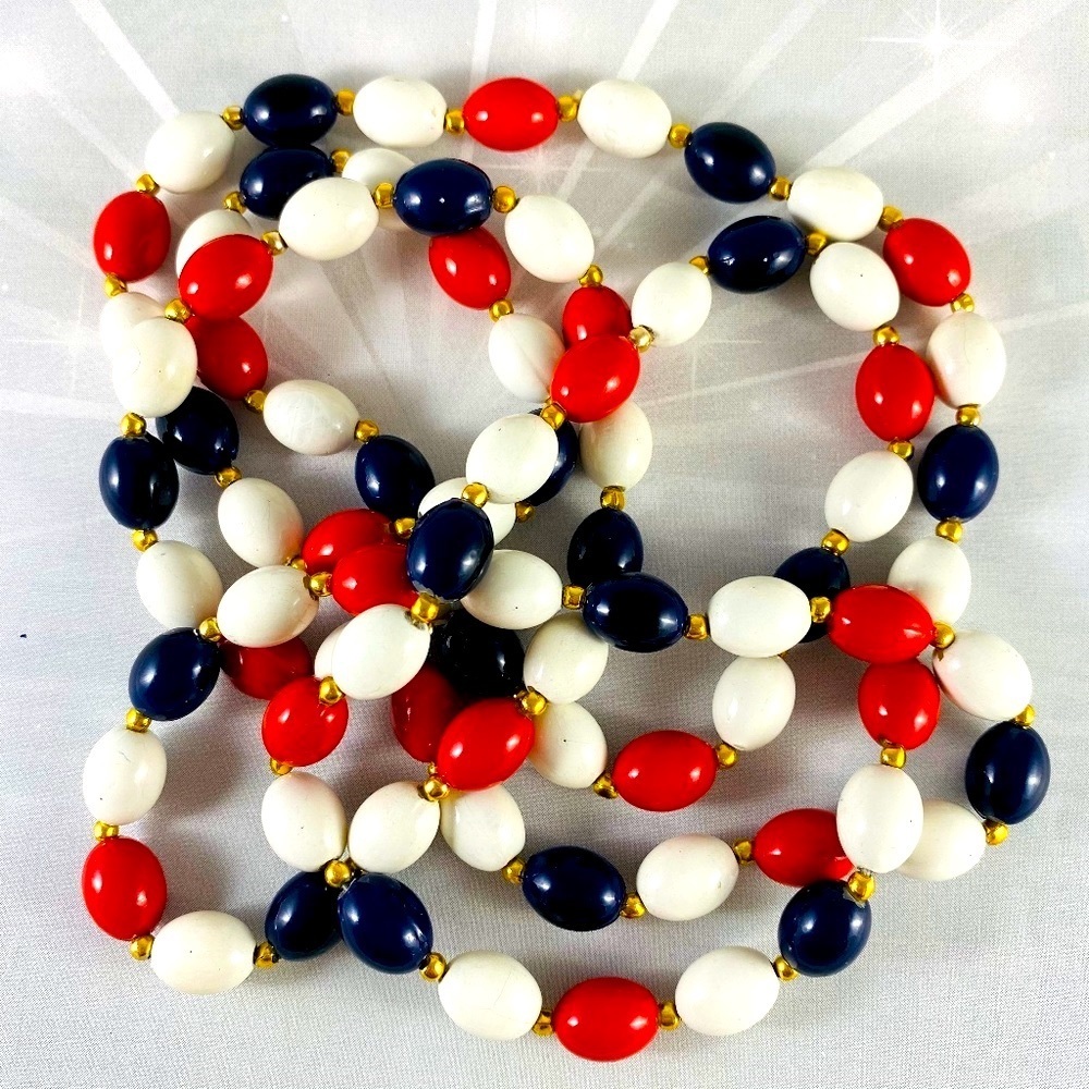 Long and beautiful Red, White and Blue with gold accents acrylic necklace